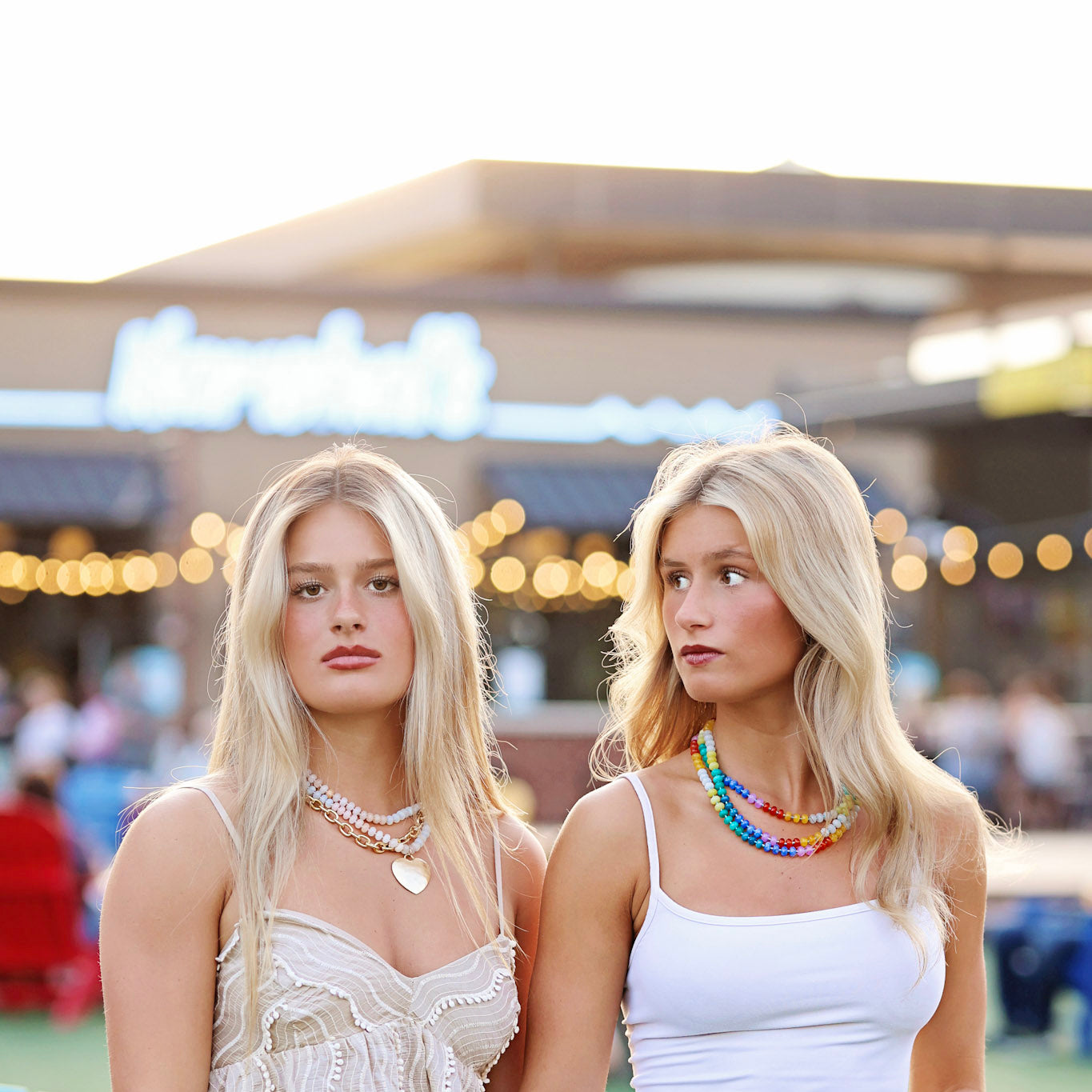 Rainbow-inspired summer statement necklace styled with casual resort wear.