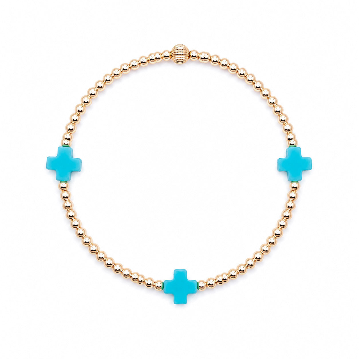 Bracelet with gold beads and turquoise cross charms on a white background