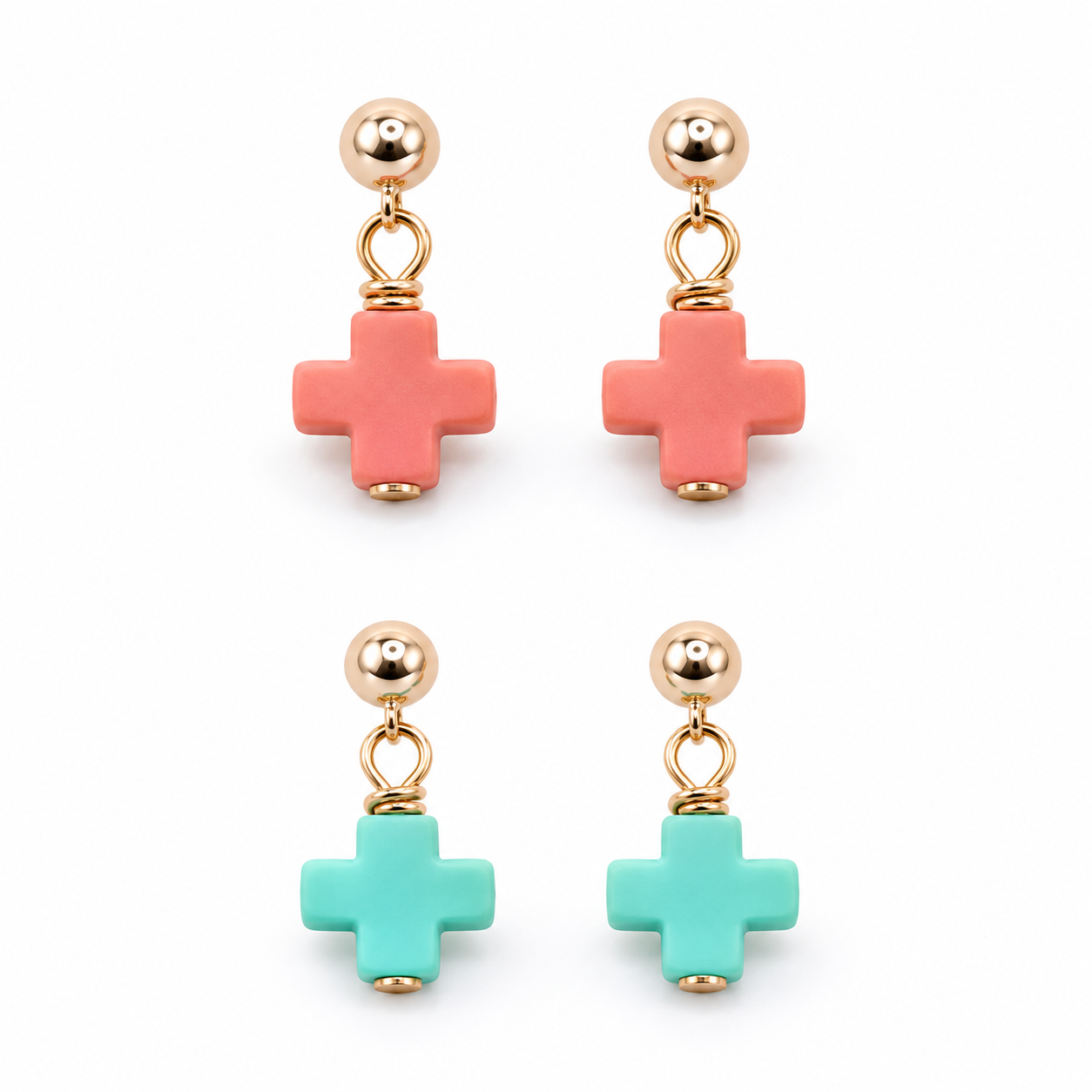 Colorful Halo Earrings featuring cross charms on gold-filled posts.