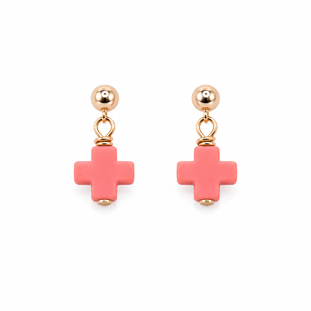 Coral Halo Earrings featuring coral cross charms on gold-filled posts.