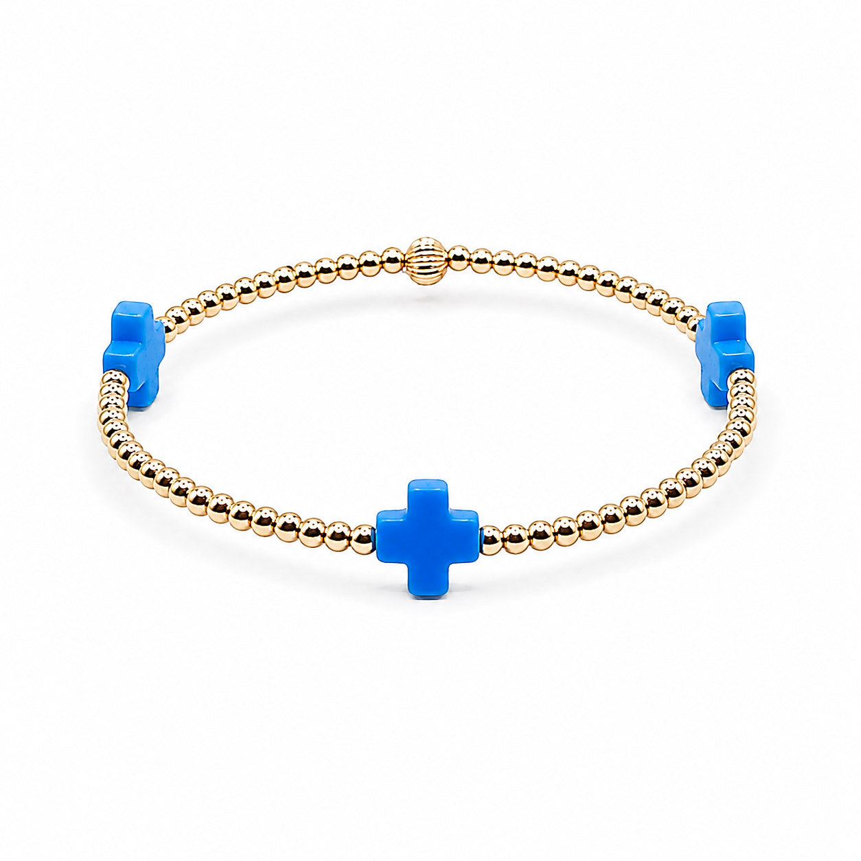 Gold bracelet with blue cross charms on a white background