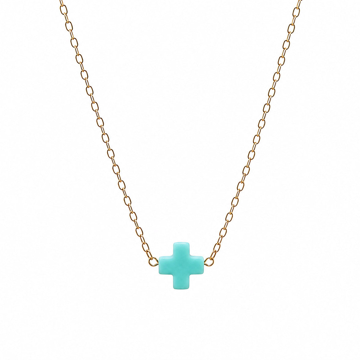Necklace with a mint cross pendant on a non tarnishing gold chain.
