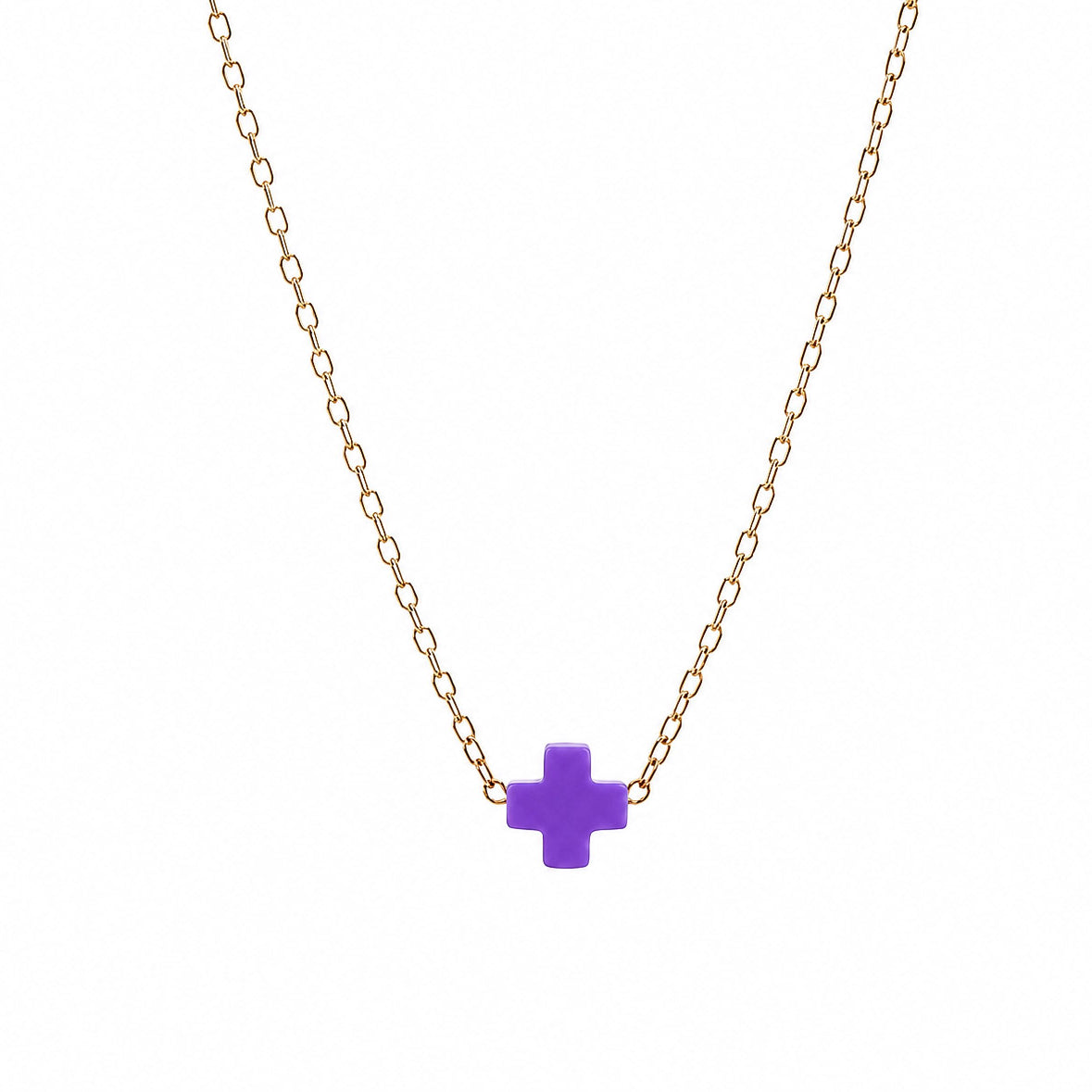 Necklace with a purple cross pendant on a non tarnishing gold chain.
