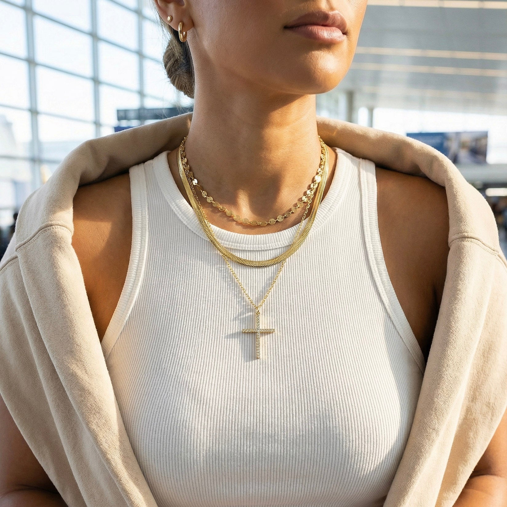 Layered Necklace Stack. Featuring CZ Cross Charm Necklace.