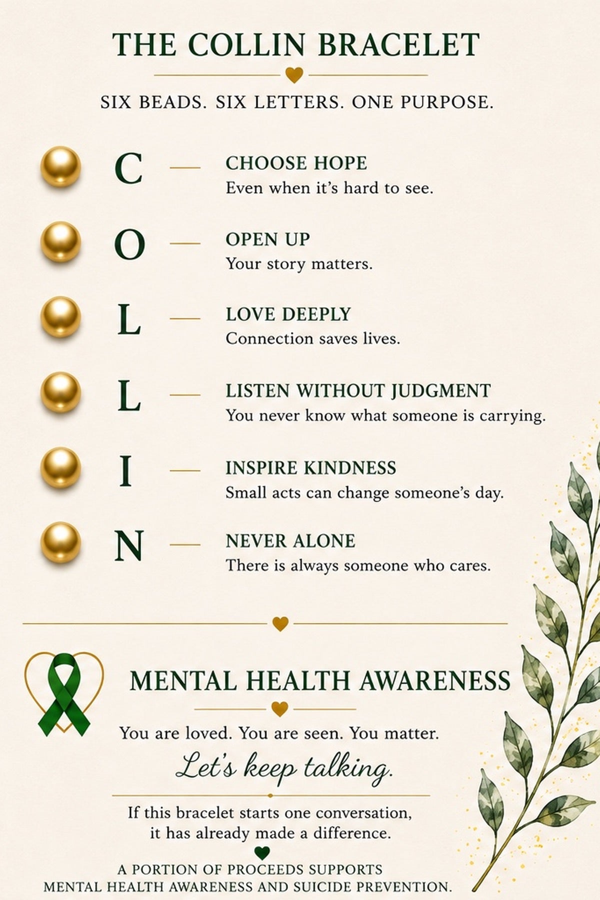 An informational graphic for The Collin Bracelet, showing six gold-toned beads aligned with letters and definitions for C, O, L, L, I, and N, plus a mental health awareness ribbon and decorative leaf illustration on a cream background.