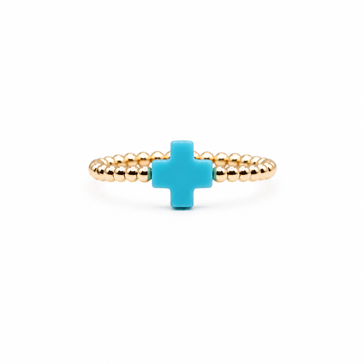 Blue Halo Ring featuring blue cross accents and gold-filled beads