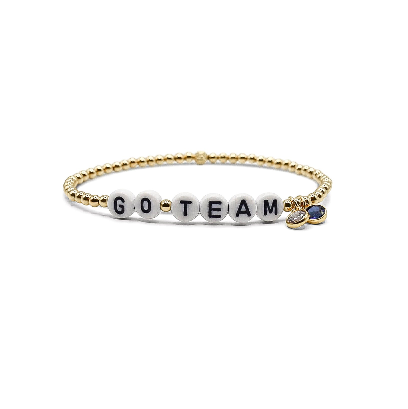 Bracelet with 'GO TEAM' beads on a white background