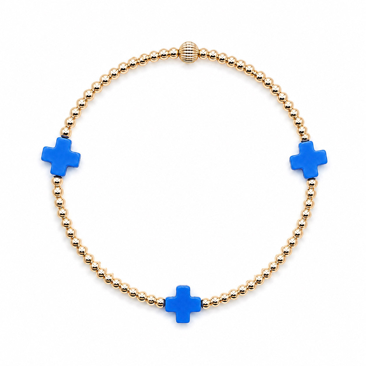 Bracelet with blue cross charms and gold beads on a white background