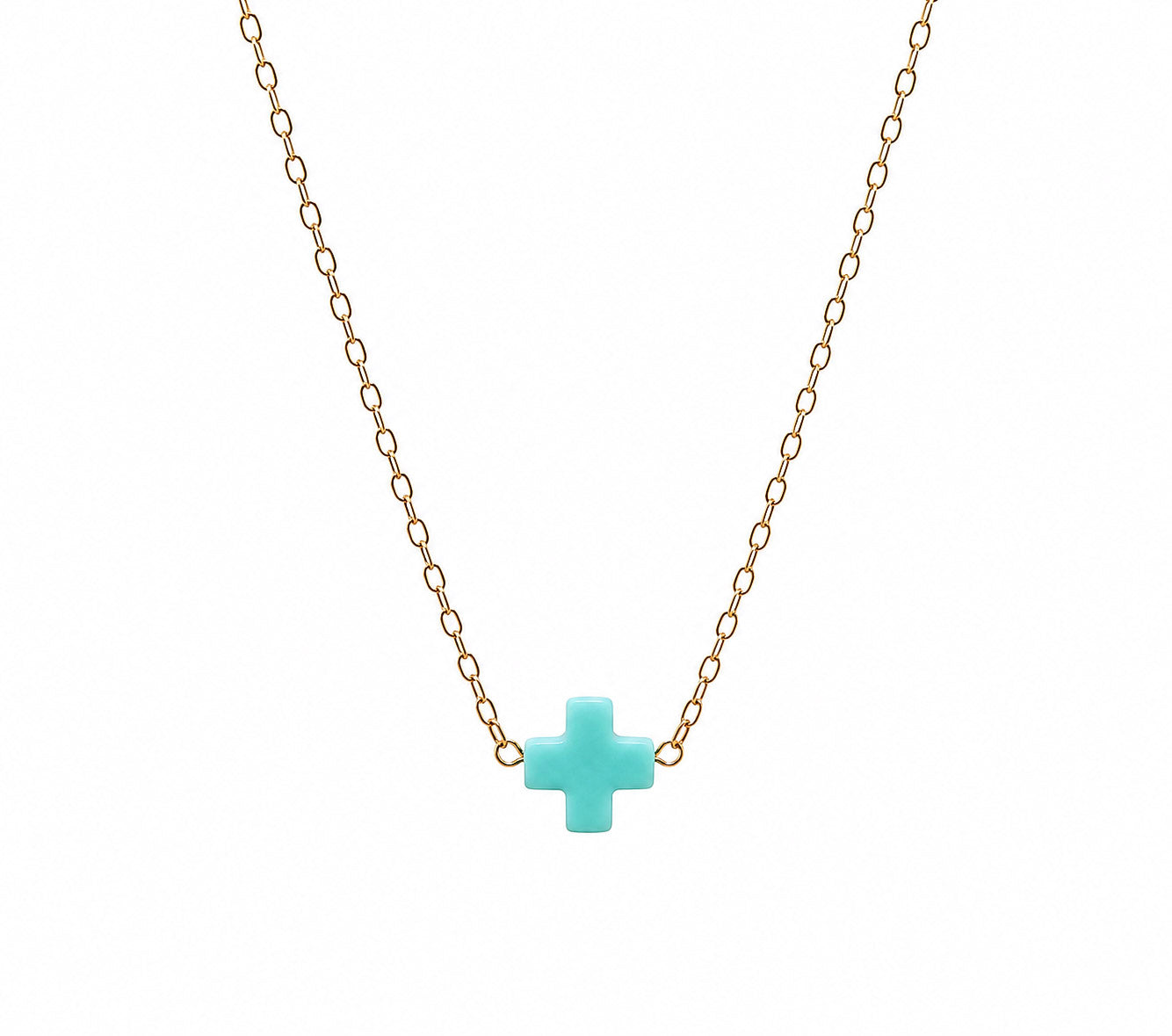 Necklace with a mint cross pendant on a non tarnishing gold chain.