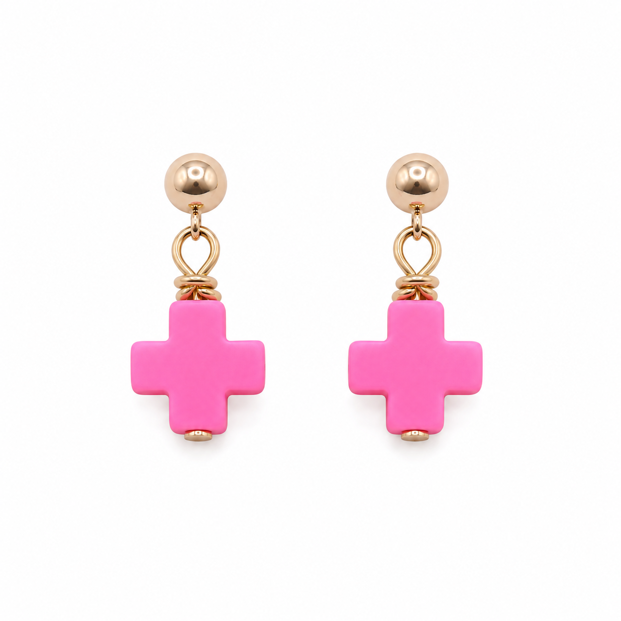 Pink Halo Earrings featuring pink cross charms on 14k gold-filled posts.