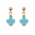 Blue Halo Earrings featuring blue cross charms on 14k gold-filled posts.