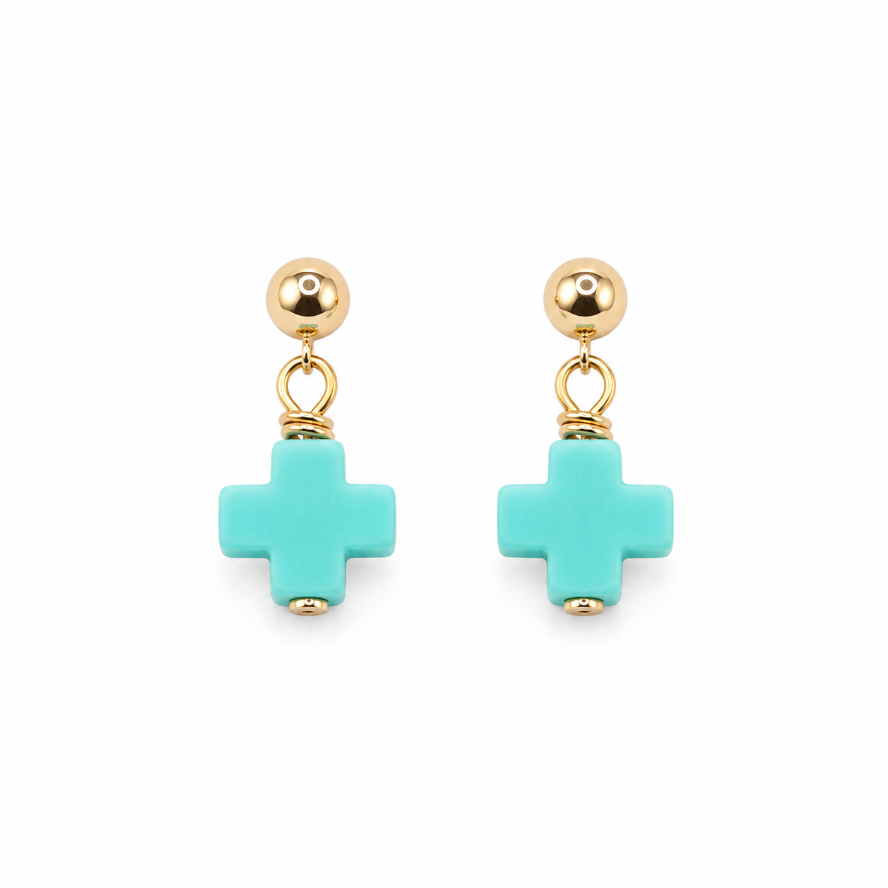 Mint Halo Earrings featuring mint cross charms on gold-filled posts.