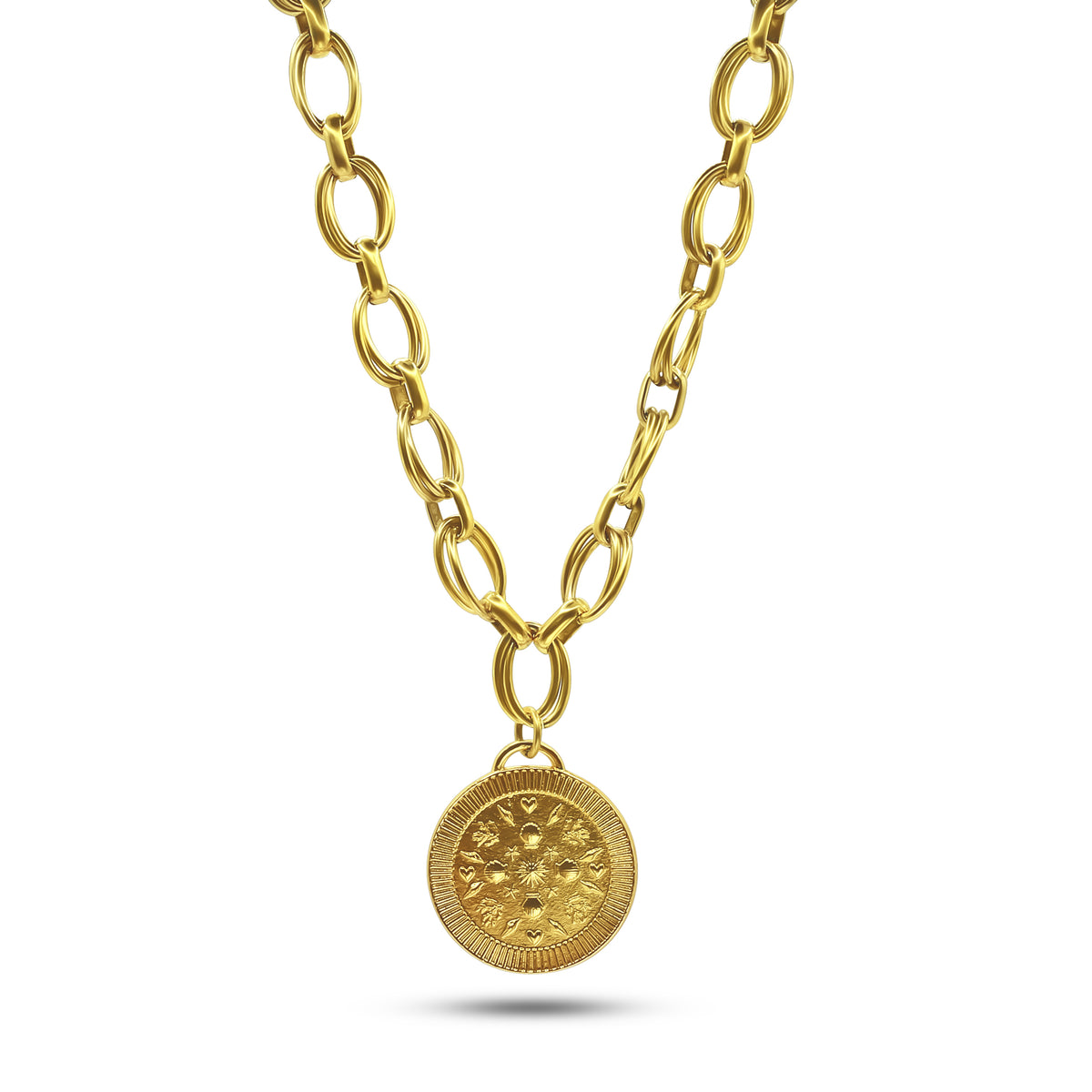 Gold chain necklace with a decorative pendant on a white background