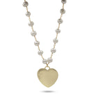 Pearl necklace with a gold heart pendant on a white background