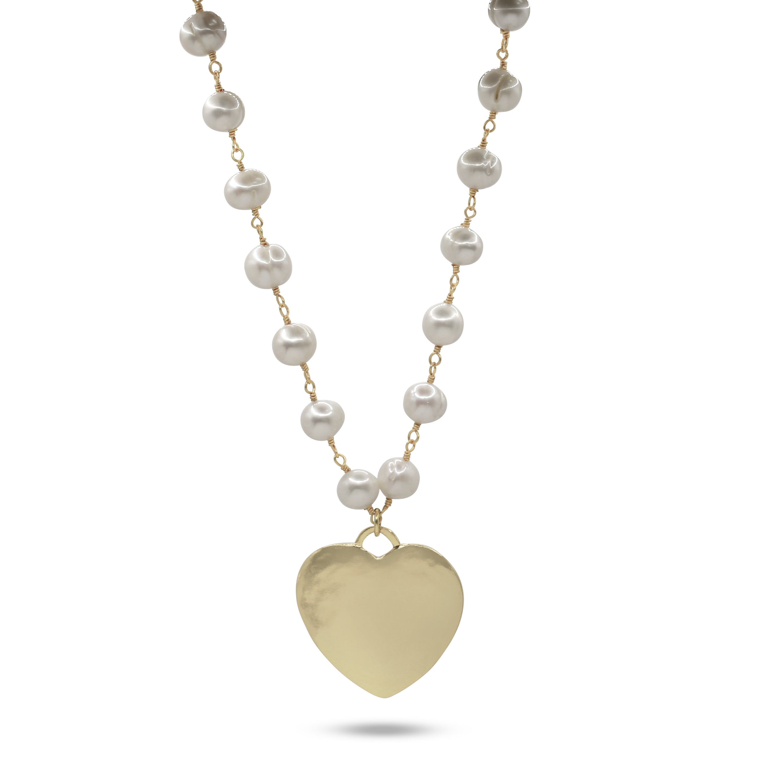 Pearl necklace with a gold heart pendant on a white background
