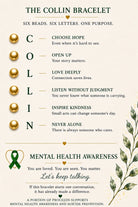An informational graphic for The Collin Bracelet, showing six gold-toned beads aligned with letters and definitions for C, O, L, L, I, and N, plus a mental health awareness ribbon and decorative leaf illustration on a cream background.