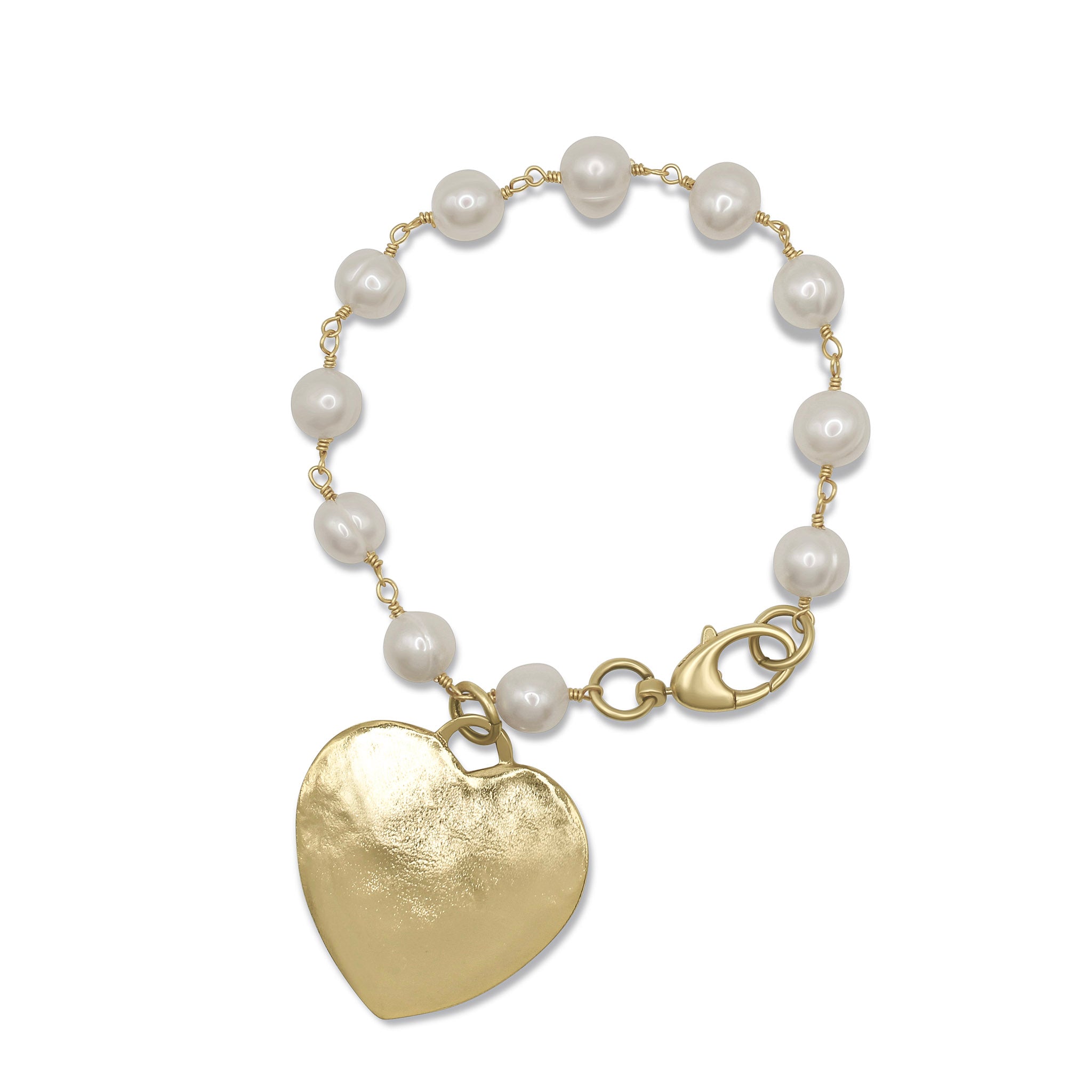 Bracelet with pearls and a gold heart charm on a white background