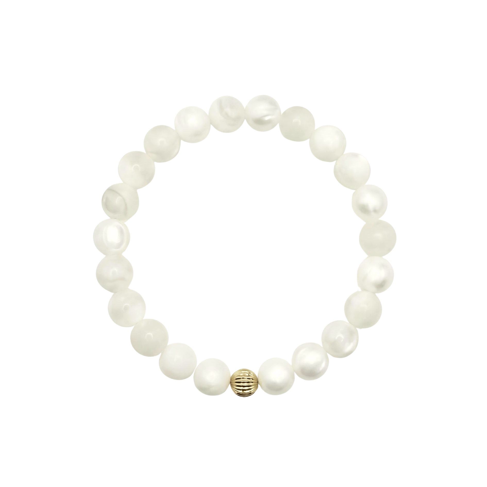 Pearl bracelet with a gold accent bead on a white background